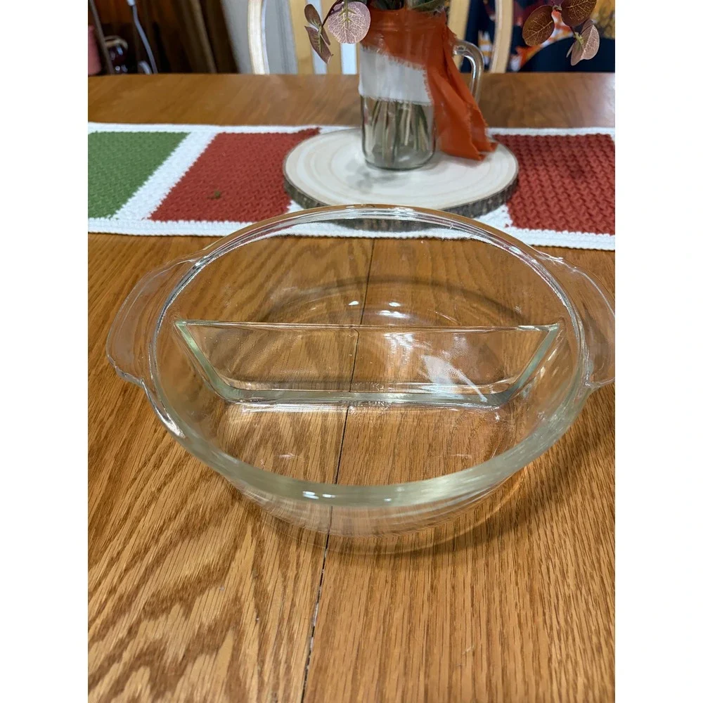 Fire-King Vintage Clear Glass Divided Casserole Dish Rnd 2-Section Ovenware USA